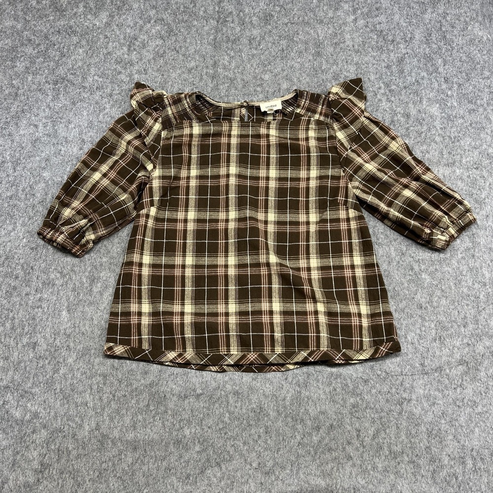 Umgee Tunic Blouse Womens M Brown Plaid Ruffle 3/4 Sleeve Cotton Top Boho